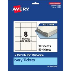 imageAvery Printable Rectangle Tickets 218quot x 512quot Matte Ivory Cardstock LaserInkjet Printable 200 Total80 cards