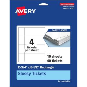 imageAvery Printable Rectangle Tickets 234quot x 812quot Glossy White Cardstock LaserInkjet Printable 100 Total40 cards