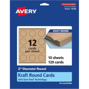 imageAvery Printable Round Cards Sure Feed Technology 2quot Diameter Matte White Cardstock PrinttotheEdge LaserInkjet Cards 300 TotalKraft Brown