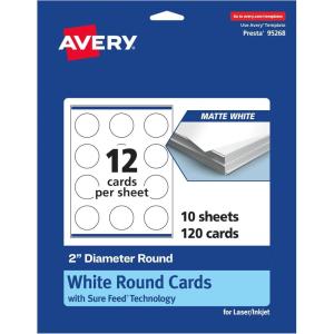 imageAvery Printable Round Cards Sure Feed Technology 2quot Diameter Matte White Cardstock PrinttotheEdge LaserInkjet Cards 300 TotalMate White