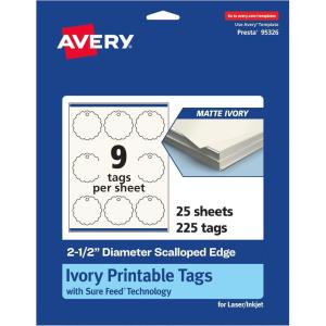 imageAvery Printable Round Scalloped Tags Sure Feed Technology 212quot Diameter Matte Ivory Cardstock PrintToTheEdge LaserInkjet Printable 225 Total Great for Custom Gift or Branding Tags225 cards