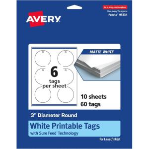 imageAvery Printable Round Tags Sure Feed Technology 3quot Diameter Matte White Cardstock PrintToTheEdge LaserInkjet Printable 60 Total Great for Custom Gift or Branding Tags60 cards