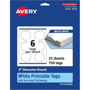imageAvery Printable Round Tags Sure Feed Technology 3quot Diameter Matte White Cardstock PrintToTheEdge LaserInkjet Printable 60 Total Great for Custom Gift or Branding Tags150 cards