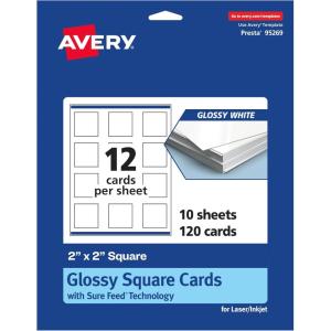 imageAvery Printable Square Cards Sure Feed Technology 2quot x 2quot Matte White Cardstock PrinttotheEdge LaserInkjet Cards 120 TotalGlossy White