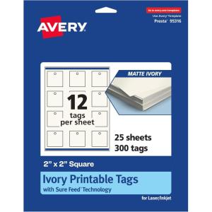 imageAvery Printable Square Tags Sure Feed Technology 2quot x 2quot Matte Ivory Cardstock PrintToTheEdge LaserInkjet Printable 300 Total Great for Custom Gift or Branding Tags300 cards
