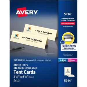 imageAvery Printable Tent Cards with Sure Feed Technology 212quot x 812quot Matte White with Embossed Border 100 Blank Place Cards for Laser and Inkjet Printers 5305ivory