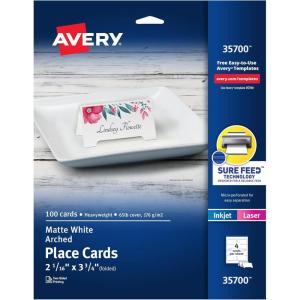 imageAvery Printable Tent Cards with Sure Feed Technology 212quot x 812quot Matte White with Embossed Border 100 Blank Place Cards for Laser and Inkjet Printers 5305Arched White