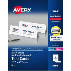 imageAvery Printable Tent Cards with Sure Feed Technology 212quot x 812quot Matte White with Embossed Border 100 Blank Place Cards for Laser and Inkjet Printers 5305White