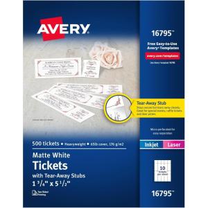 imageAvery Printable Tickets with TearAway Stubs 175quot x 55quot Matte White 500 Blank Tickets for Laser and Inkjet Printers 167950