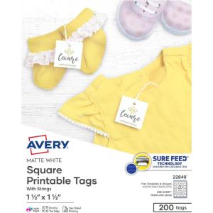 imageAvery Square Printable Tags Sure Feed Technology 15quot x 15quot White Includes String LaserInkjet Printable 200 Total Great for Branding Gifts Merchandising and More 22849White