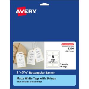 imageAvery Tags with Metallic Gold Borders and Strings 2quot x 35quot 40 Total LaserInkjet Printable Tags 3326Metallic Gold Border