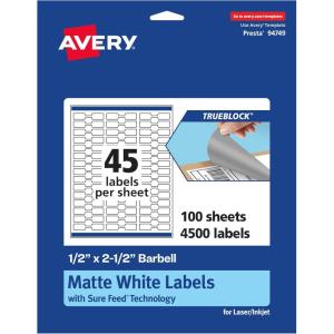 imageAvery TrueBlock Matte White Barbell Labels Sure Feed Technology 05quot x 25quot 450 Matte White Labels LaserInkjet Printable Great for Jewelry and Product Merchandising4 500 labels