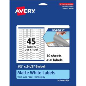 imageAvery TrueBlock Matte White Barbell Labels Sure Feed Technology 05quot x 25quot 450 Matte White Labels LaserInkjet Printable Great for Jewelry and Product Merchandising450 labels