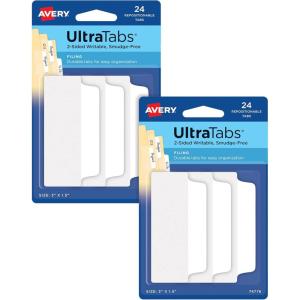 imageAvery Ultra Tabs File Tabs 3quot x 15quot 2Side Writable White SelfAdhesive 24 Per Pack 48 Total 2Pack of 74776