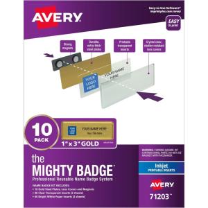 imageThe Mighty Badge by Avery 1quot x 3quot Gold Name Tags 10 ID Badges 80 Inserts for Inkjet Printers 71203One Size