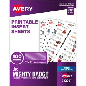 imageThe Mighty Badge by Avery 1quot x 3quot Inserts for Name Tags 100 Clear Inserts for Inkjet Printers Only 71209One Size