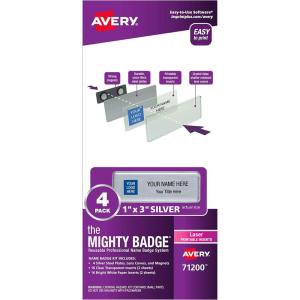 imageThe Mighty Badge by Avery 1quot x 3quot Magnetic Name Tags 50 Silver Name Badges 120 Customizable Inserts 712084 Badges