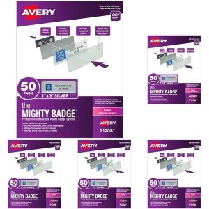 imageThe Mighty Badge by Avery 1quot x 3quot Magnetic Name Tags 50 Silver Name Badges 120 Customizable Inserts 7120850 Badges Pack of 5