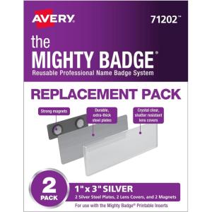 imageThe Mighty Badge by Avery 1quot x 3quot Silver Name Badge Replacement Pack 2 Name Tags 71202