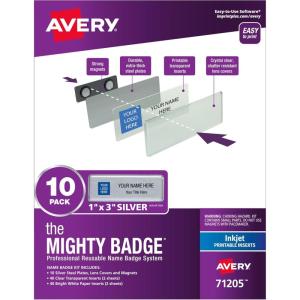 imageThe Mighty Badge by Avery 1quot x 3quot Silver Name Tags 4 ID Badges 32 Inserts for Inkjet Printers 7120110 Badges