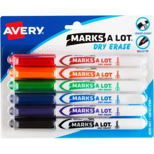 imageAVERY Marks A Lot Dry Erase Markers Low Odor White Board Markers with Bullet Tip 6 Assorted Colors 24481