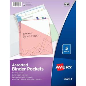 imageAvery Binder Pockets for 3 Ring Binders Assorted Colors Fits 85quot x 11quot Documents AcidFree and ArchivalSafe 5 Folders Total 752545 Count Pack of 1