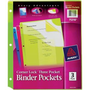 imageAvery Corner Lock Binder Pockets for 3 Ring Binders Assorted Colors for 85quot x 11quot Documents AcidFree and ArchivalSafe 3 Binder Folders Total 75310