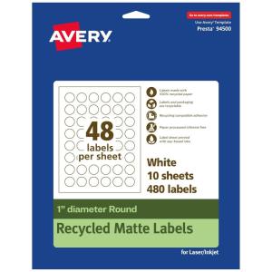 imageAvery EcoFriendly Matte White Recycled Round Labels 1quot Diameter PrinttoTheEdge Matte White Labels Permanent Adhesive LaserInkjet Printable 480 Total480 Labels