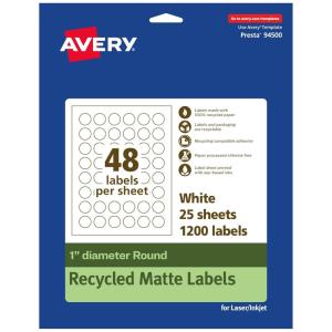 imageAvery EcoFriendly Matte White Recycled Round Labels 1quot Diameter PrinttoTheEdge Matte White Labels Permanent Adhesive LaserInkjet Printable 480 Total1 200 Labels