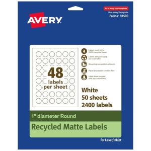 imageAvery EcoFriendly Matte White Recycled Round Labels 1quot Diameter PrinttoTheEdge Matte White Labels Permanent Adhesive LaserInkjet Printable 480 Total2 400 Labels
