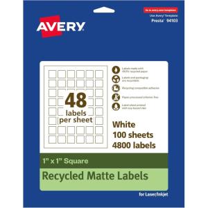 imageAvery EcoFriendly Matte White Recycled Square Labels 1quot x 1quot PrinttoTheEdge Matte White Labels Permanent Adhesive LaserInkjet Printable 1200 Total4 800 labels