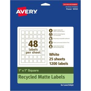 imageAvery EcoFriendly Matte White Recycled Square Labels 1quot x 1quot PrinttoTheEdge Matte White Labels Permanent Adhesive LaserInkjet Printable 1200 Total1 200 labels
