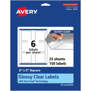 imageAvery Glossy Clear Square Labels with Sure Feed 3quot x 3quot 30 Glossy Clear Labels PrinttoTheEdge LaserInkjet Printable150 labels
