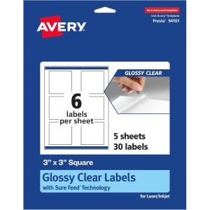 imageAvery Glossy Clear Square Labels with Sure Feed 3quot x 3quot 30 Glossy Clear Labels PrinttoTheEdge LaserInkjet Printable30 labels