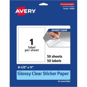 imageAvery Glossy Clear Sticker Paper 85quot x 11quot 10 Glossy Clear Labels LaserInkjet Printable Great for Product Merchandising Weddings and Mailing50 labels