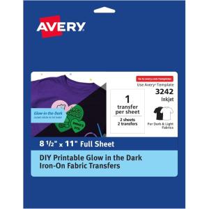 imageAvery Glow in the Dark Fabric Transfer Paper 85quot x 11quot Printable Heat Transfers for Inkjet Printers 2 Sheets 03242
