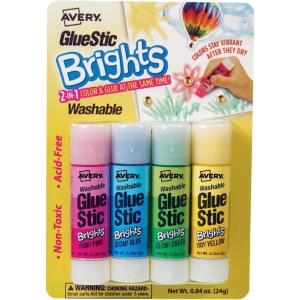 imageAvery Glue Stick Assorted Color Brights Washable Nontoxic 021 oz Permanent Glue Stic 4pk 00102