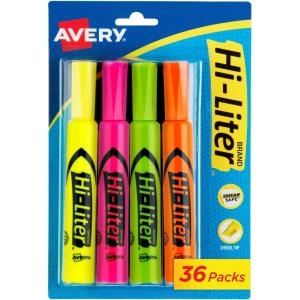 imageAvery HiLiter DeskStyle Highlighters Smear Safe Ink Chisel Tip 4 Assorted Color Highlighters per Pack 144 Total 36 Packs of 24063