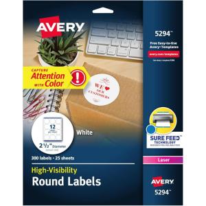 imageAvery High Visibility Printable Round Labels with Sure Feed 25quot Diameter White Laser Printer 300 per Pack 2 Packs 600 Customizable Blank Labels Total 45294300 labels
