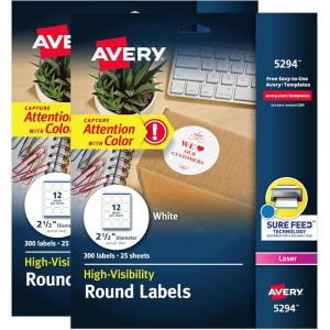 imageAvery High Visibility Printable Round Labels with Sure Feed 25quot Diameter White Laser Printer 300 per Pack 2 Packs 600 Customizable Blank Labels Total 45294600 labels