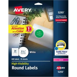 imageAvery High Visibility Round Labels Sure Feed Technology 123quot Diameter White Customizable Blank Labels Laser Printable 600 Total 5293600 labels