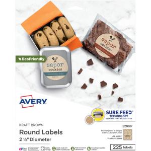 imageAvery Kraft Brown Round Labels with Sure Feed Technology 25quot Diameter Print to The Edge LaserInkjet Printable Labels 225 Total 2280825