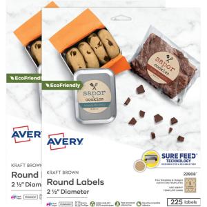 imageAvery Kraft Brown Round Labels with Sure Feed Technology 25quot Diameter Print to The Edge LaserInkjet Printable Labels 225 Total 22808Pack of 2