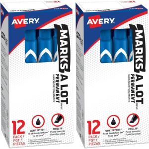 imageAvery MarksALot Permanent Markers Large DeskStyle Size Chisel Tip Water and Wear Resistant 12 Blue Markers 0888612 Count Pack of 2