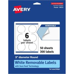 imageAvery Matte White Removable Round Labels Sure Feed Technology PrinttoTheEdge 3quot Diameter 90 Removable Labels LaserInkjet Printable300 labels