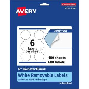imageAvery Matte White Removable Round Labels Sure Feed Technology PrinttoTheEdge 3quot Diameter 90 Removable Labels LaserInkjet Printable600 labels