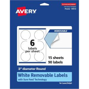 imageAvery Matte White Removable Round Labels Sure Feed Technology PrinttoTheEdge 3quot Diameter 90 Removable Labels LaserInkjet Printable90 labels
