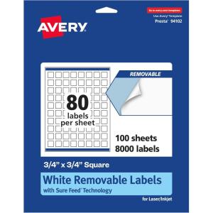 imageAvery Matte White Removable Square Labels Sure Feed Technology PrinttoTheEdge 34quot x 34quot 1200 Removable Labels LaserInkjet Printable8 000 labels