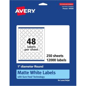 imageAvery Matte White Round Labels Sure Feed Technology 1quot Diameter 1200 Matte White Printable Labels12 000 Labels