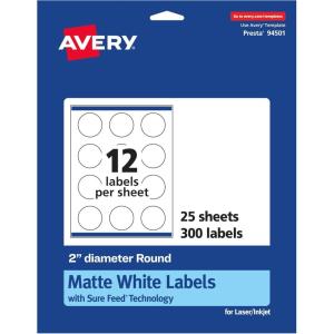 imageAvery Matte White Round Labels Sure Feed Technology 2quot Diameter 300 Matte White Printable LabelsMatte White
